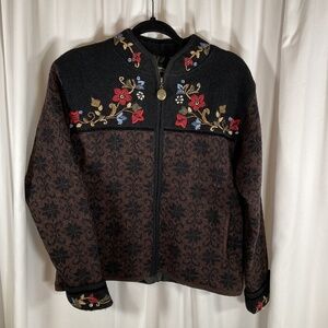 Vtg Icelandic Design Women’s Sweater Jacket -brown/black Nordic lined zip-S